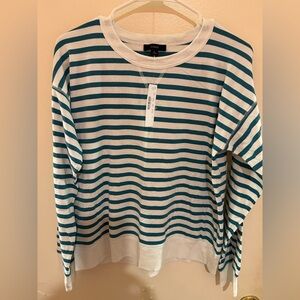 NWT J. Crew Teal and White Striped Crewneck Sweatshirt